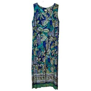 CM Shapes Womans Floral Jumpsuit Size 0X Rayon Hawaiian Sleeveless Blue Green
